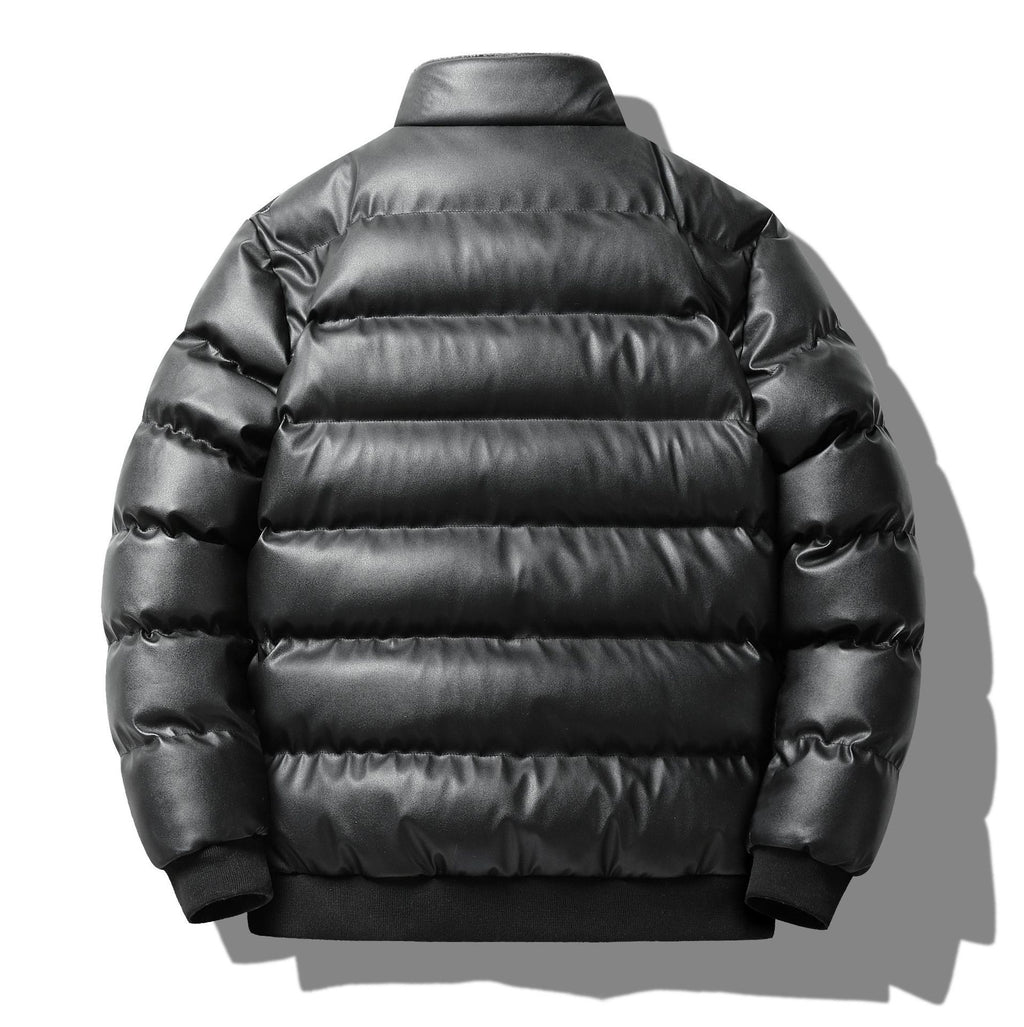 Mens Stand Collar PU Leather Cotton Jacket