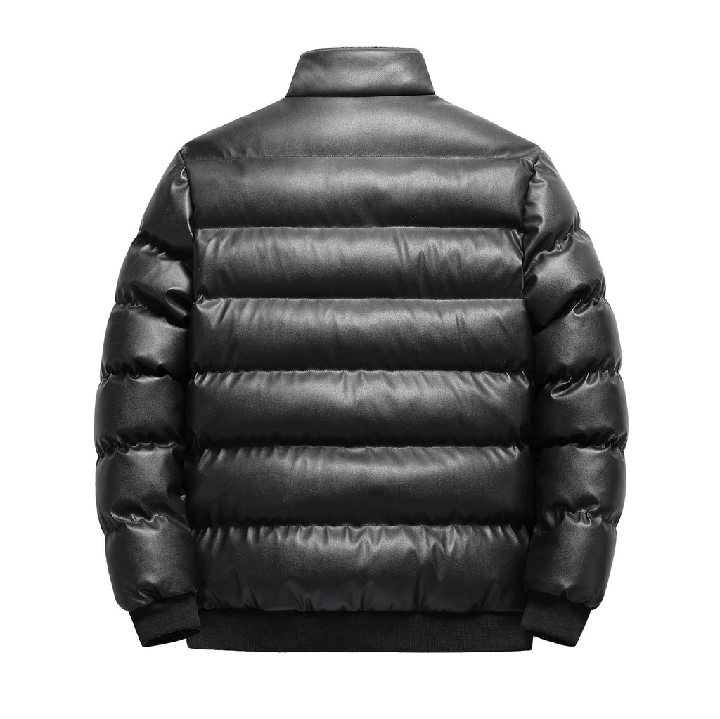 Mens Stand Collar PU Leather Cotton Jacket