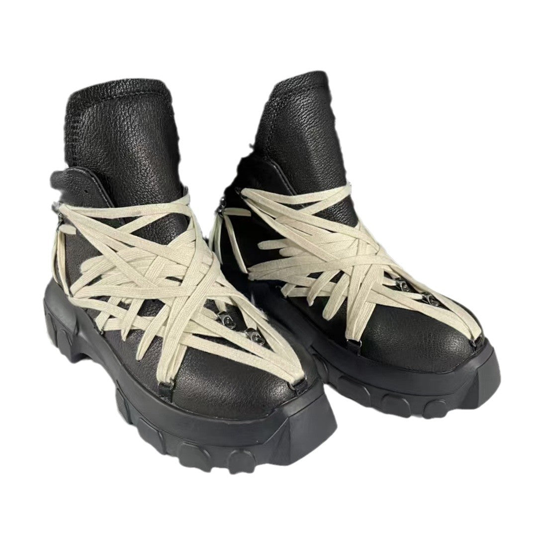 High-Top Platform Leather Boots with Straps