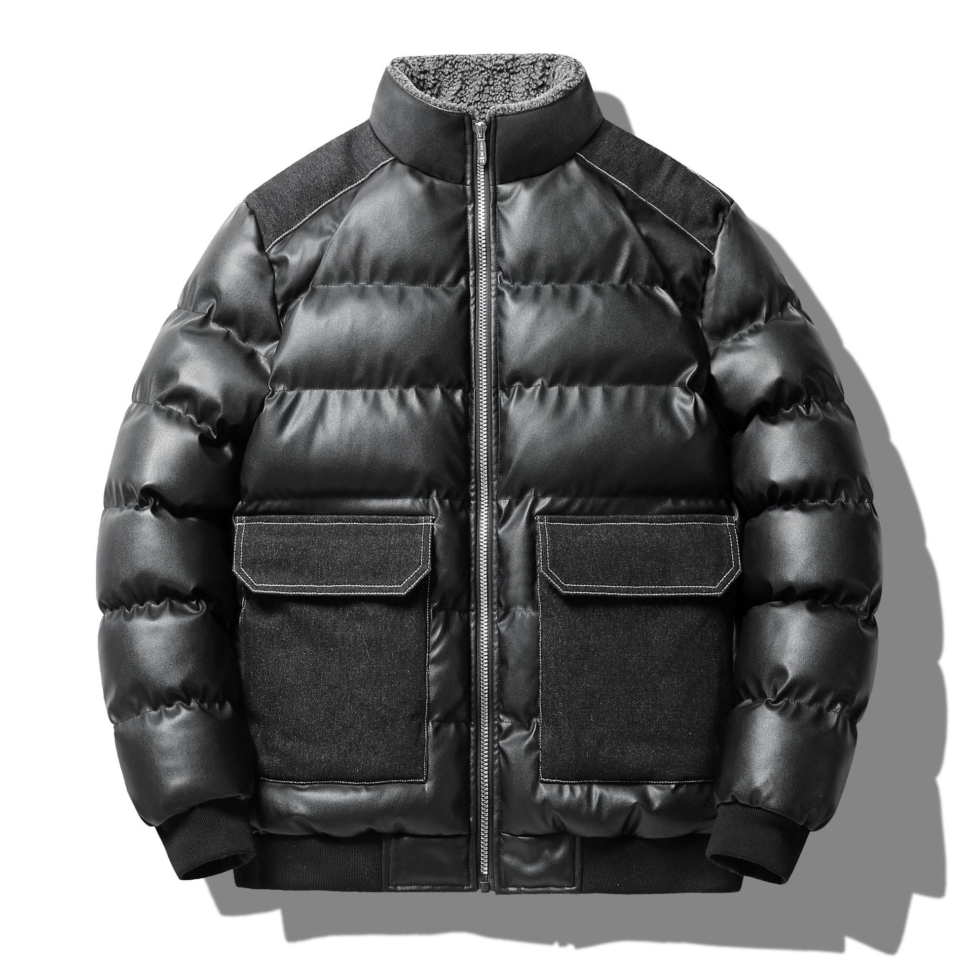 Mens Stand Collar PU Leather Cotton Jacket