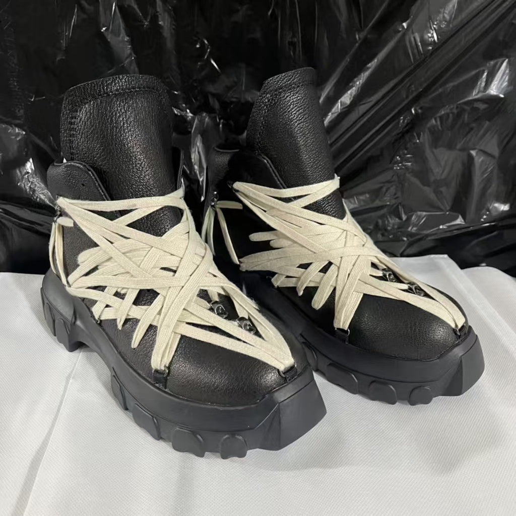 High-Top Platform Leather Boots with Straps