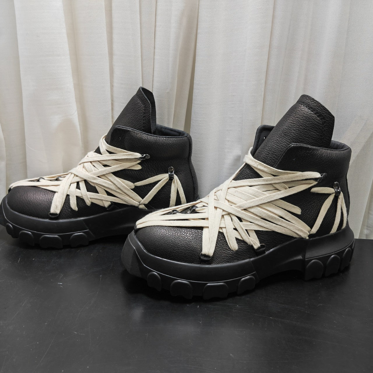 High-Top Platform Leather Boots with Straps