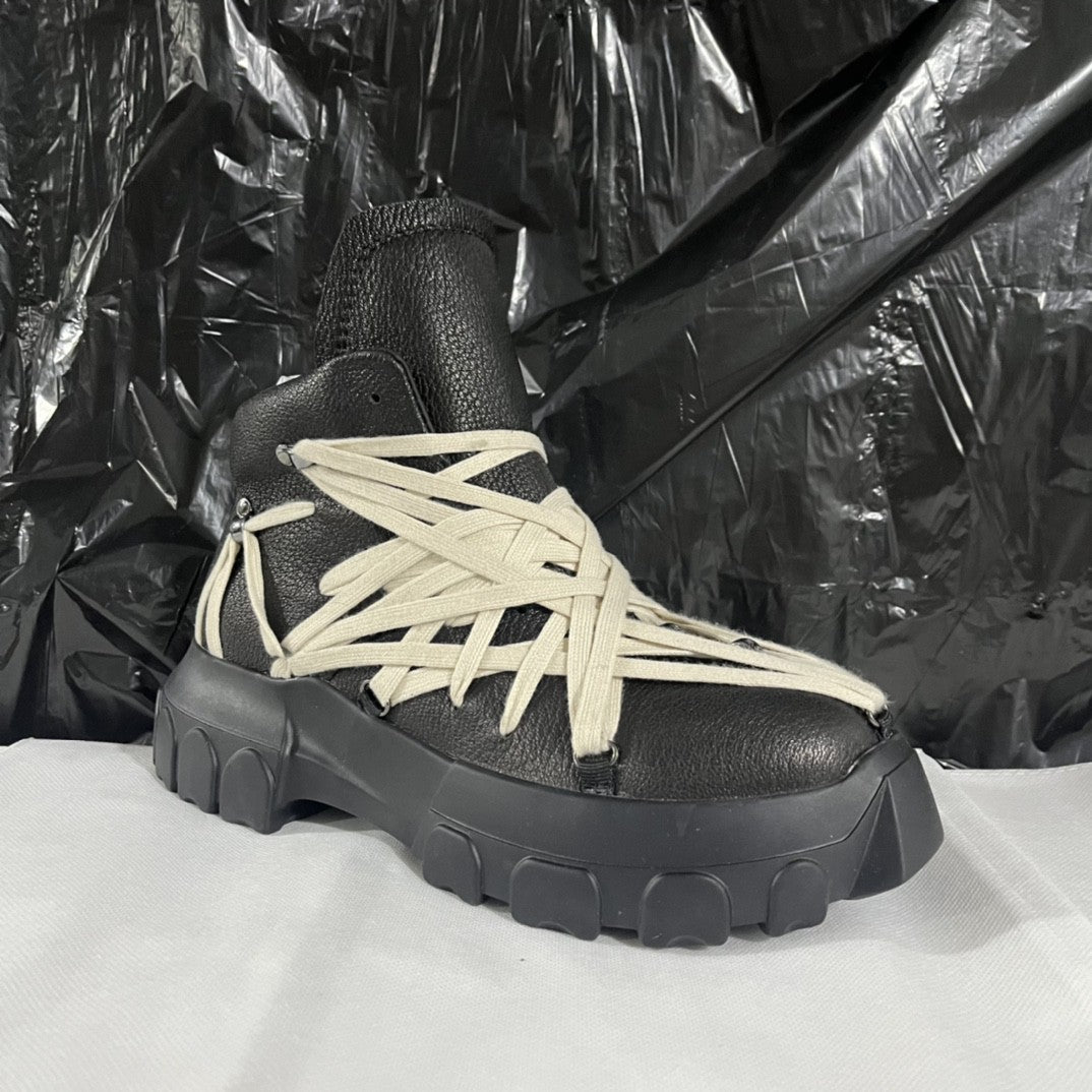 High-Top Platform Leather Boots with Straps